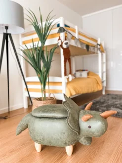 Tamborete Em Pele Sintetica Verde Escuro Com Arrumação Triceratops