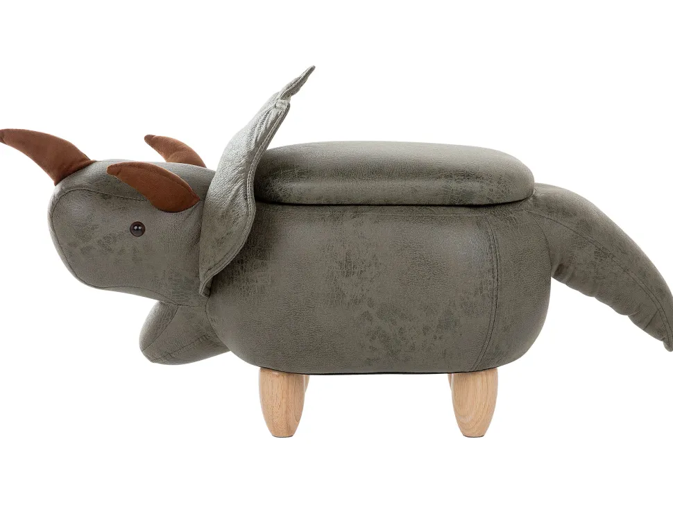 Tamborete Em Pele Sintetica Verde Escuro Com Arrumação Triceratops