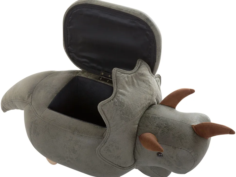 Tamborete Em Pele Sintetica Verde Escuro Com Arrumação Triceratops