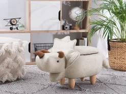 Tamborete Em Pele Sintetica Cinzento Claro Com Arrumação Triceratops