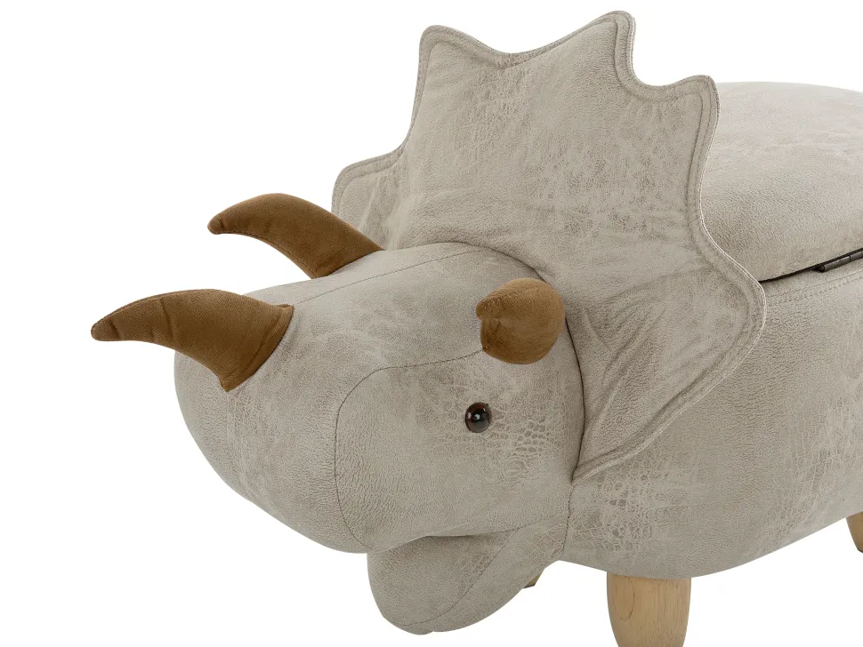 Tamborete Em Pele Sintetica Cinzento Claro Com Arrumação Triceratops