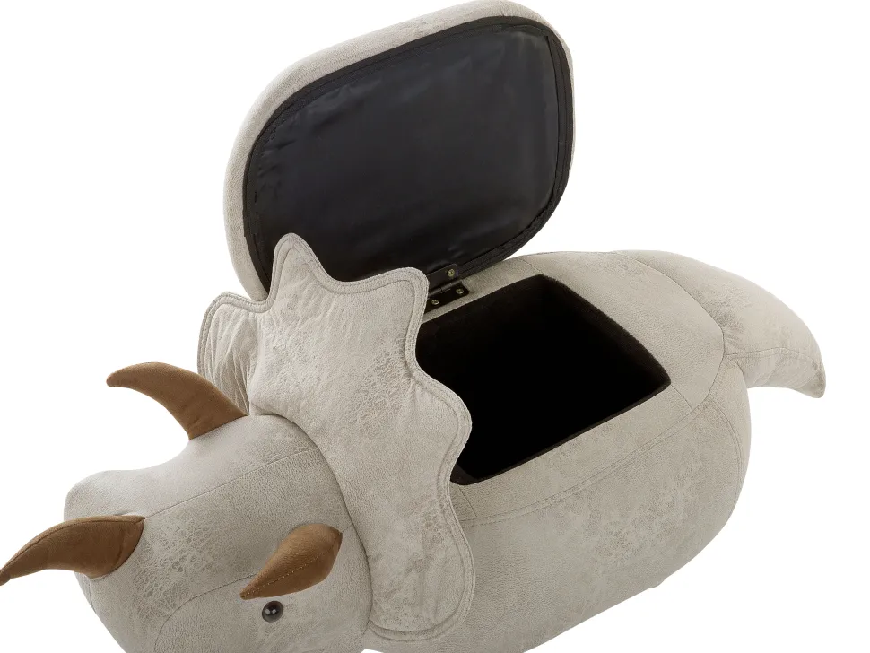 Tamborete Em Pele Sintetica Cinzento Claro Com Arrumação Triceratops