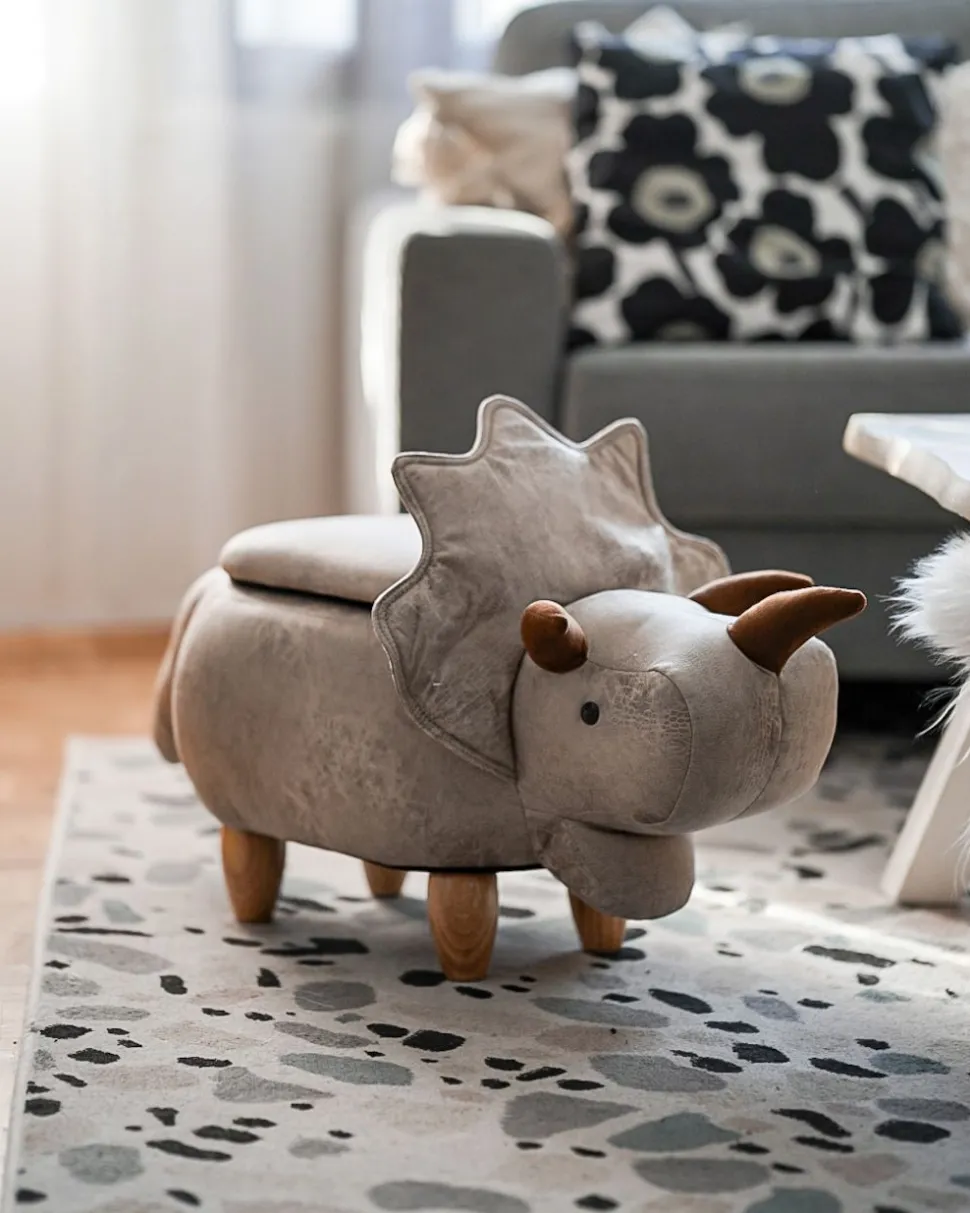 Tamborete Em Pele Sintetica Cinzento Claro Com Arrumação Triceratops