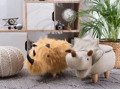 Tamborete Em Pele Sintetica Cinzento Claro Com Arrumação Triceratops