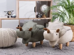 Tamborete Em Pele Sintetica Cinzento Claro Com Arrumação Triceratops