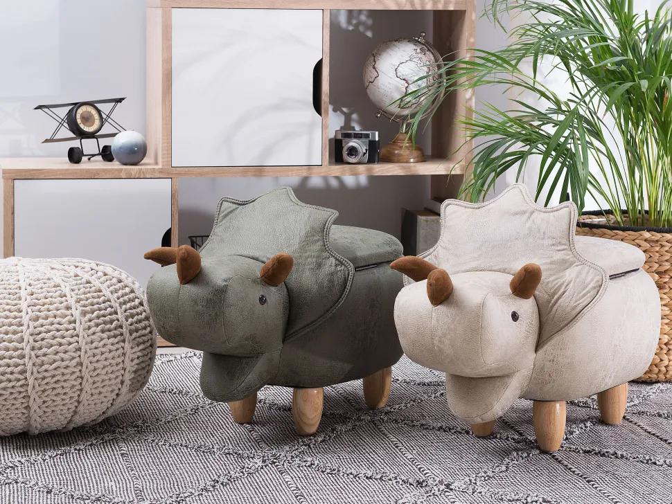 Tamborete Em Pele Sintetica Cinzento Claro Com Arrumação Triceratops