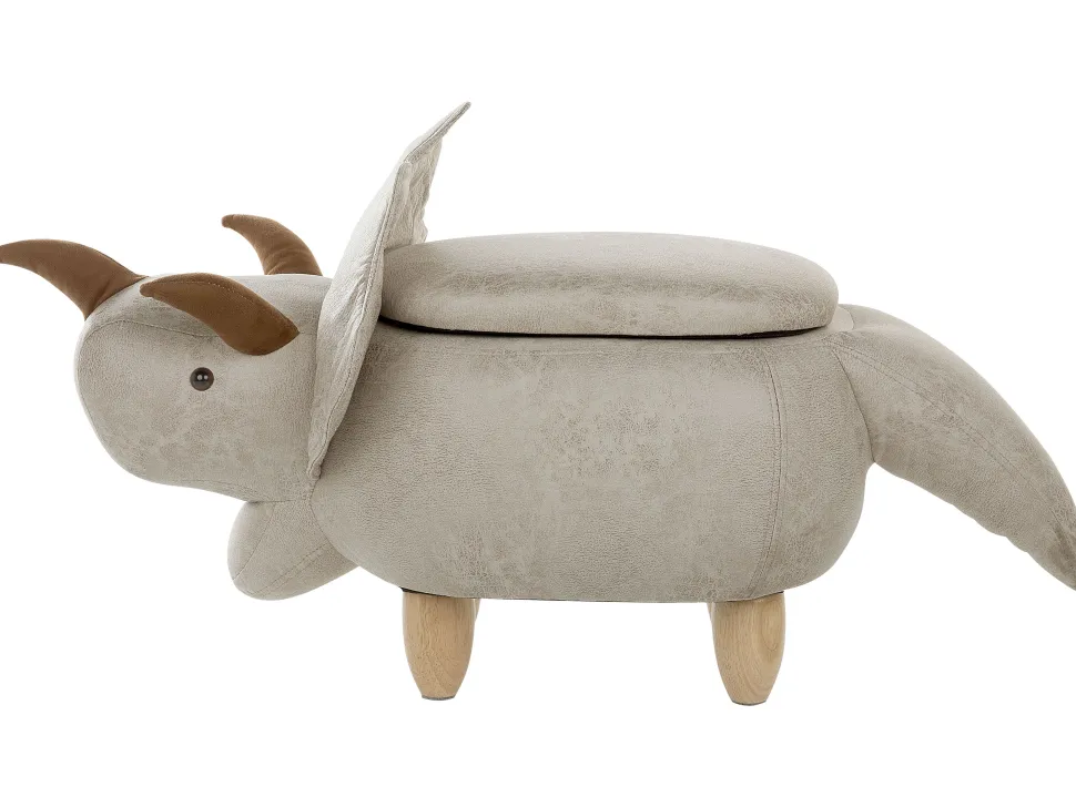 Tamborete Em Pele Sintetica Cinzento Claro Com Arrumação Triceratops