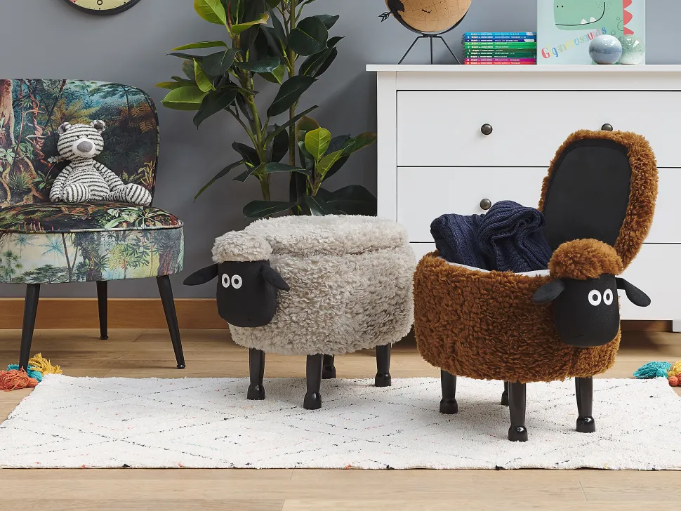 Tamborete Em Tecido Cinzento Com Arrumação Sheep