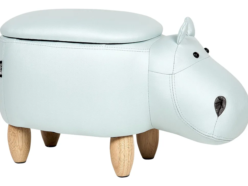 Tamborete Em Veludo Azul Claro Com Arrumação Hippo