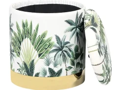 Tamborete Em Veludo Branco E Verde Com Arrumação Harrison