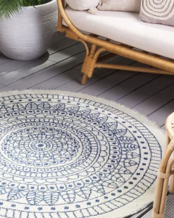 Tapete De Area Redondo Reversivel Azul E Branco 140 Cm Yalak