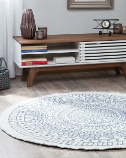 Tapete De Area Redondo Reversivel Azul E Branco 140 Cm Yalak