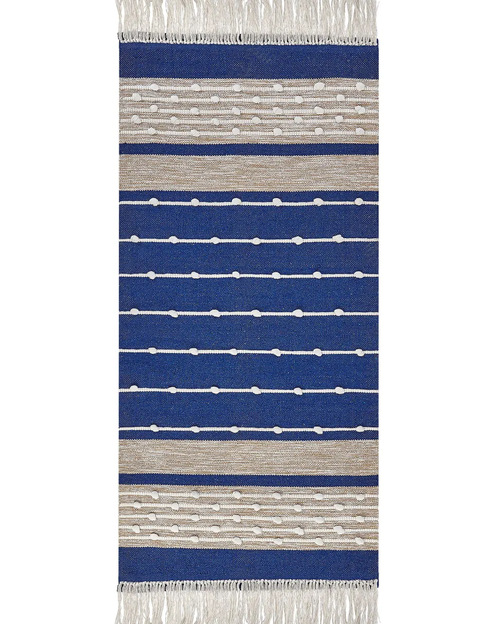 Tapete Em Algodao Azul E Creme 80 X 150 Cm Kondhali