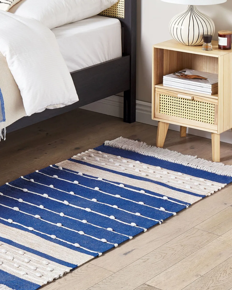 Tapete Em Algodao Azul E Creme 80 X 150 Cm Kondhali