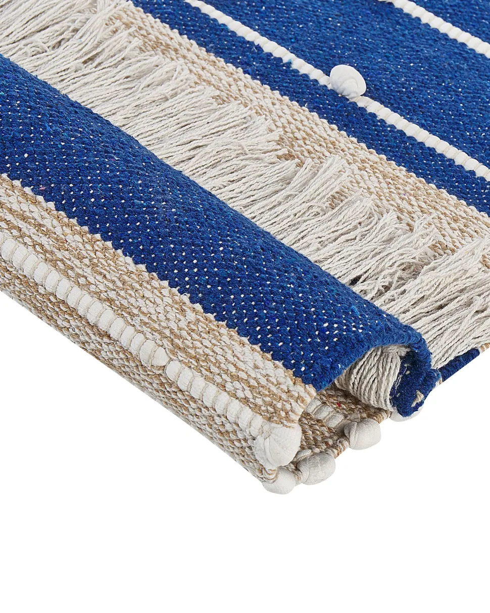 Tapete Em Algodao Azul E Creme 80 X 150 Cm Kondhali