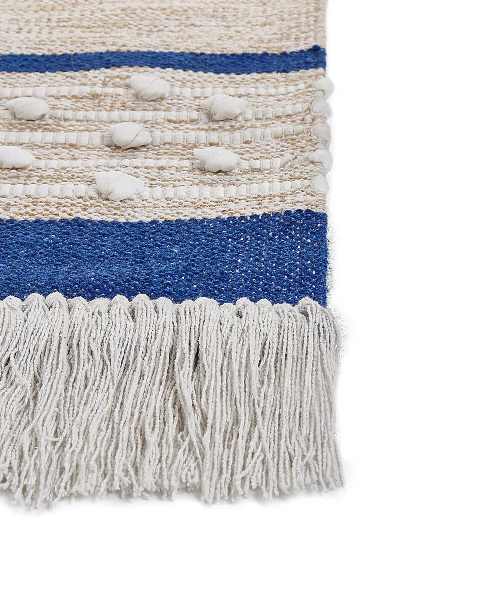 Tapete Em Algodao Azul E Creme 80 X 150 Cm Kondhali