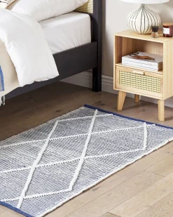 Tapete Em Algodao Branco E Azul 80 X 150 Cm Synopa