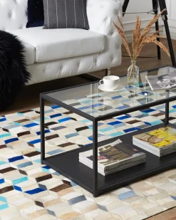 Tapete Em Pele Genuina Creme E Azul 140 X 200 Cm Gidirli