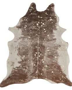 Tapete Em Pele Sintetica De Vaca Castanha Creme E Dourado 150 X 200 Cm Bogong