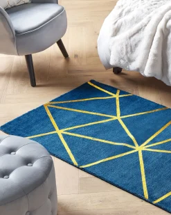 Tapete Em Viscose Azul Marinho E Dourado Com Padrao Geometrico 80 X 150 Cm Havza