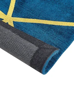 Tapete Em Viscose Azul Marinho E Dourado Com Padrao Geometrico 80 X 150 Cm Havza