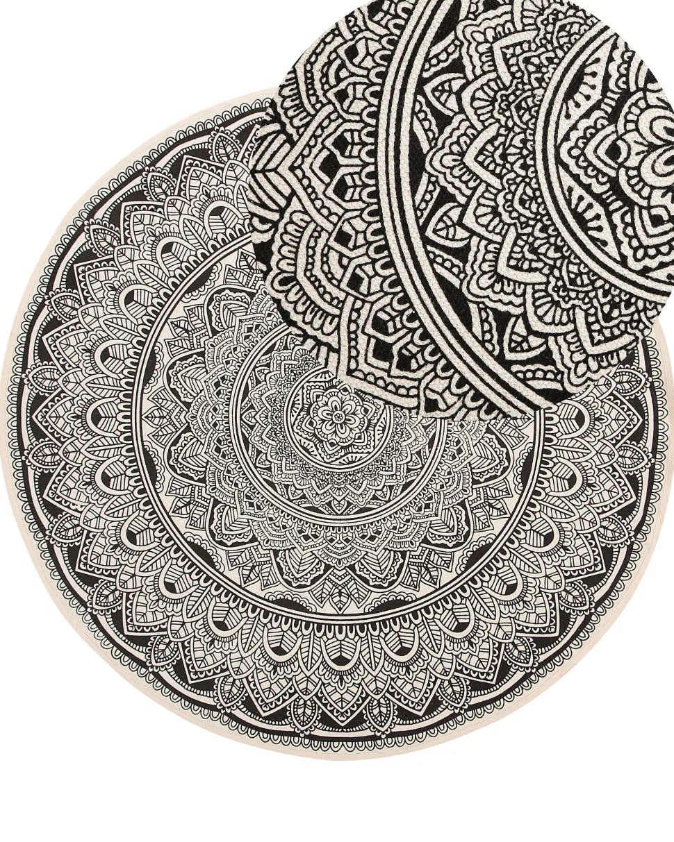 Tapete Redondo De Algodao Creme E Preto O 120 Cm Hizan