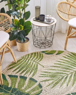Tapete Redondo De Juta Com Folhas Creme E Verde 140 Cm Bugay