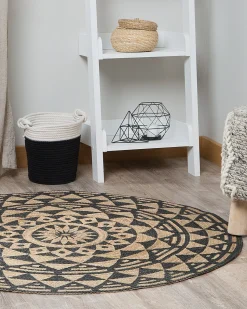 Tapete Redondo De Juta Preto E Castanho 120 Cm Alakir