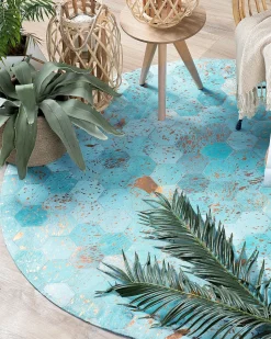 Tapete Redondo Em Pele Genuina Azul Turquesa 140 Cm Zeytin