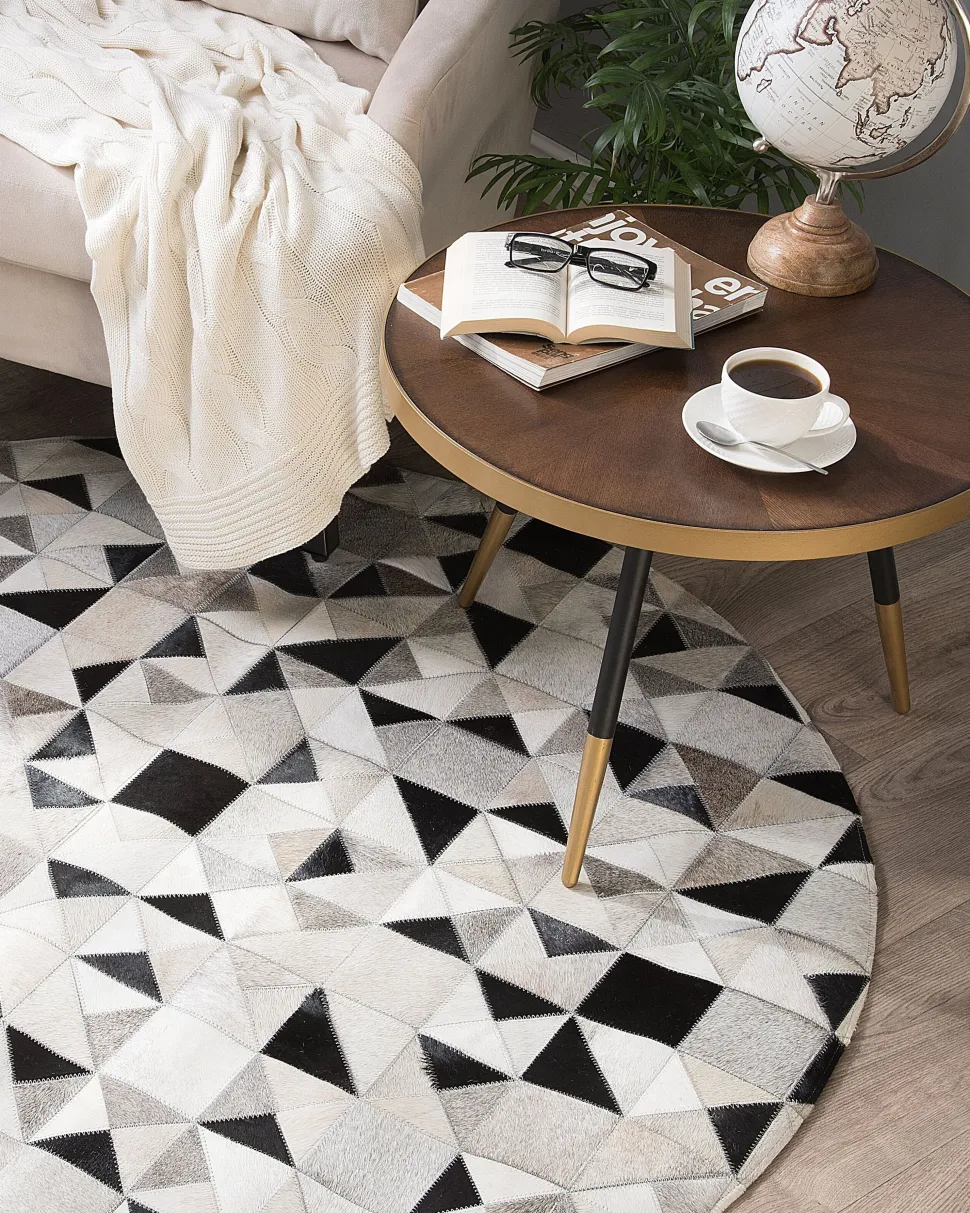 Tapete Redondo Em Pele Genuina Cinzenta E Preta 140 Cm Kirklar