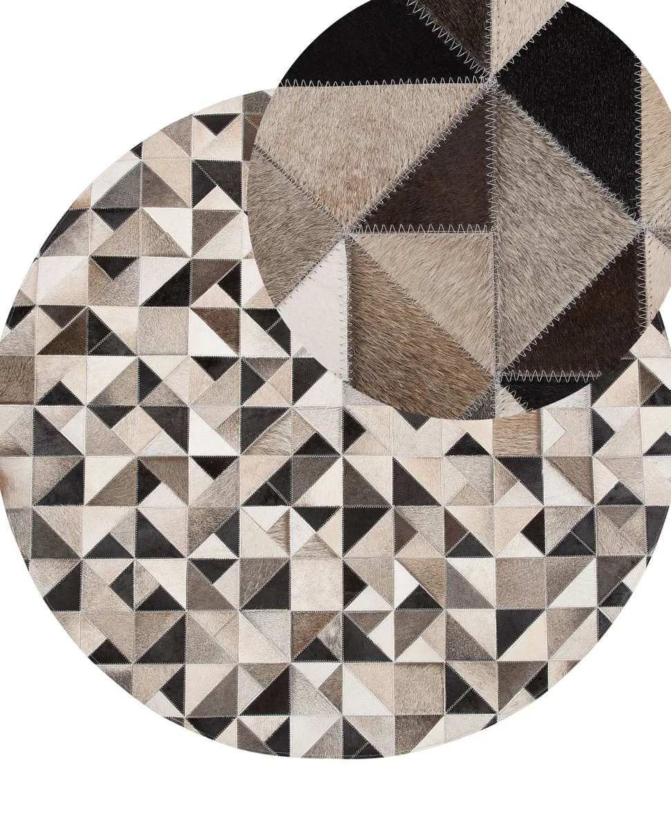 Tapete Redondo Em Pele Genuina Cinzenta E Creme 140 Cm Kirklar