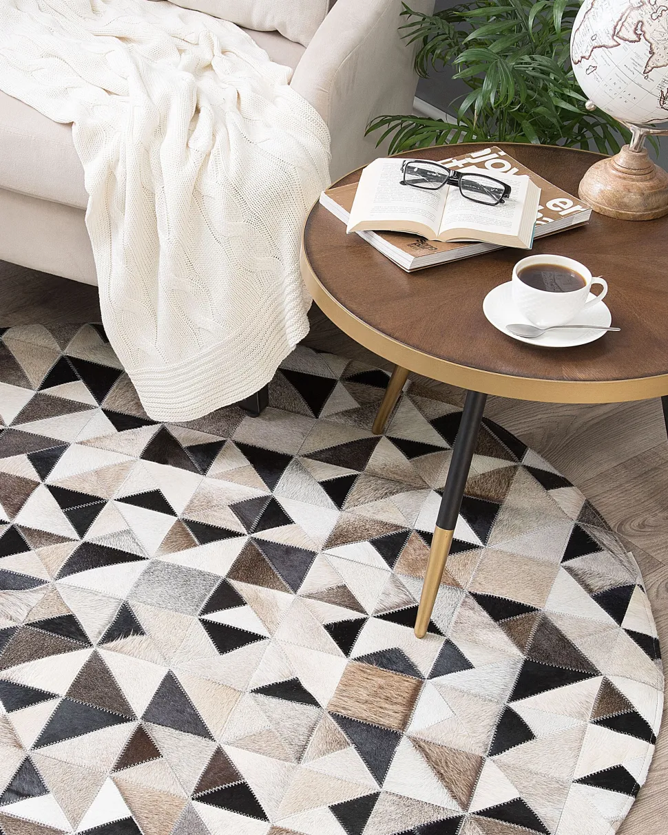 Tapete Redondo Em Pele Genuina Cinzenta E Creme 140 Cm Kirklar