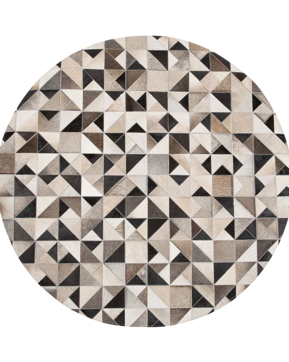 Tapete Redondo Em Pele Genuina Cinzenta E Creme 140 Cm Kirklar