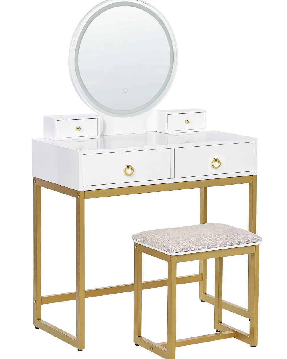 Toucador Com 4 Gavetas E Banco Branco E Dourado Auxon