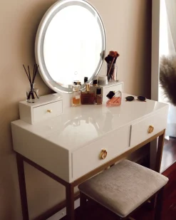 Toucador Com 4 Gavetas E Banco Branco E Dourado Auxon