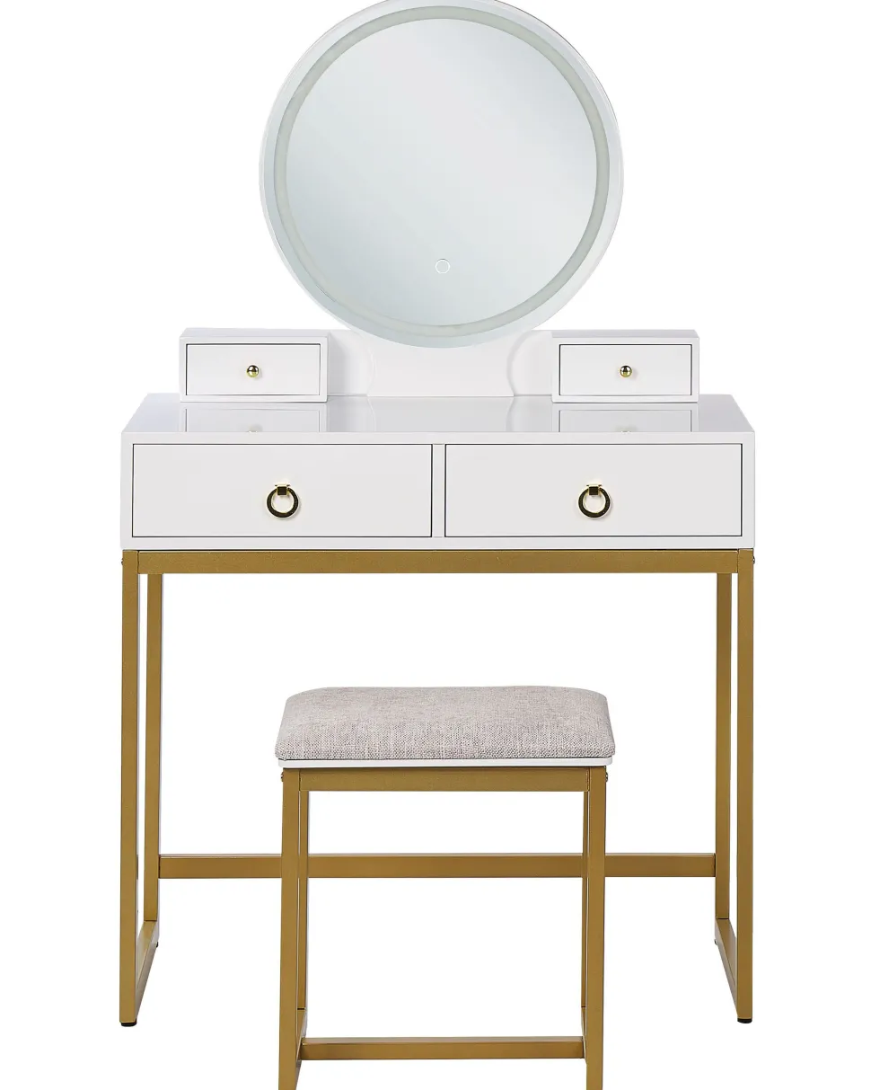 Toucador Com 4 Gavetas E Banco Branco E Dourado Auxon