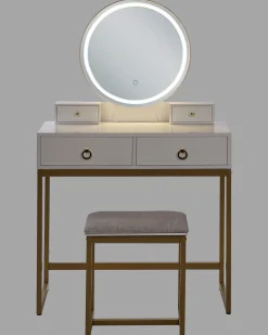 Toucador Com 4 Gavetas E Banco Branco E Dourado Auxon