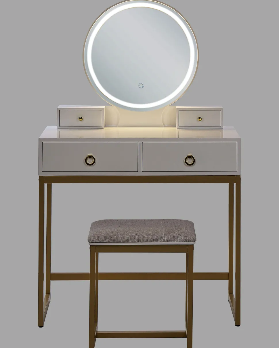 Toucador Com 4 Gavetas E Banco Branco E Dourado Auxon