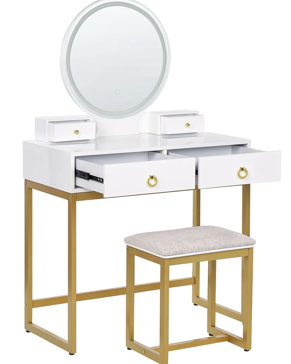 Toucador Com 4 Gavetas E Banco Branco E Dourado Auxon