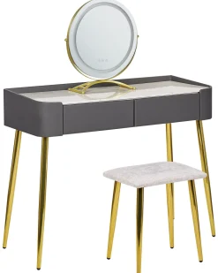 Toucador Com 2 Gavetas E Banco Cinzento E Dourado Surin