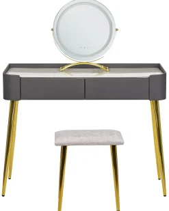 Toucador Com 2 Gavetas E Banco Cinzento E Dourado Surin