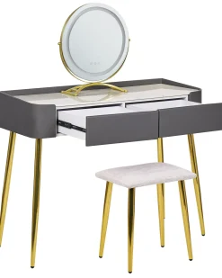 Toucador Com 2 Gavetas E Banco Cinzento E Dourado Surin