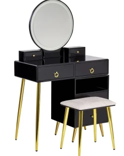 Toucador Com 6 Gavetas E Banco Preto E Dourado Yves