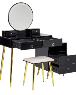 Toucador Com 6 Gavetas E Banco Preto E Dourado Yves