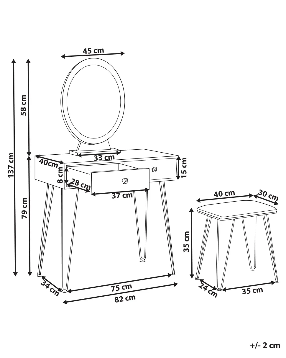 Toucador Com 2 Gavetas E Banco Branco E Dourado Caen