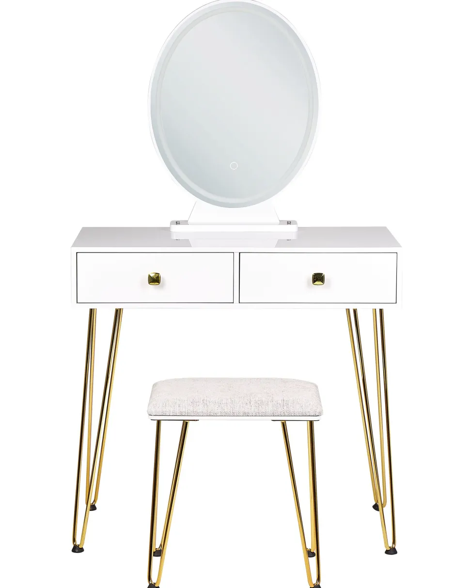 Toucador Com 2 Gavetas E Banco Branco E Dourado Caen