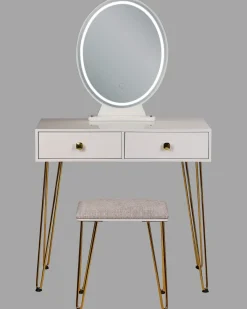 Toucador Com 2 Gavetas E Banco Branco E Dourado Caen