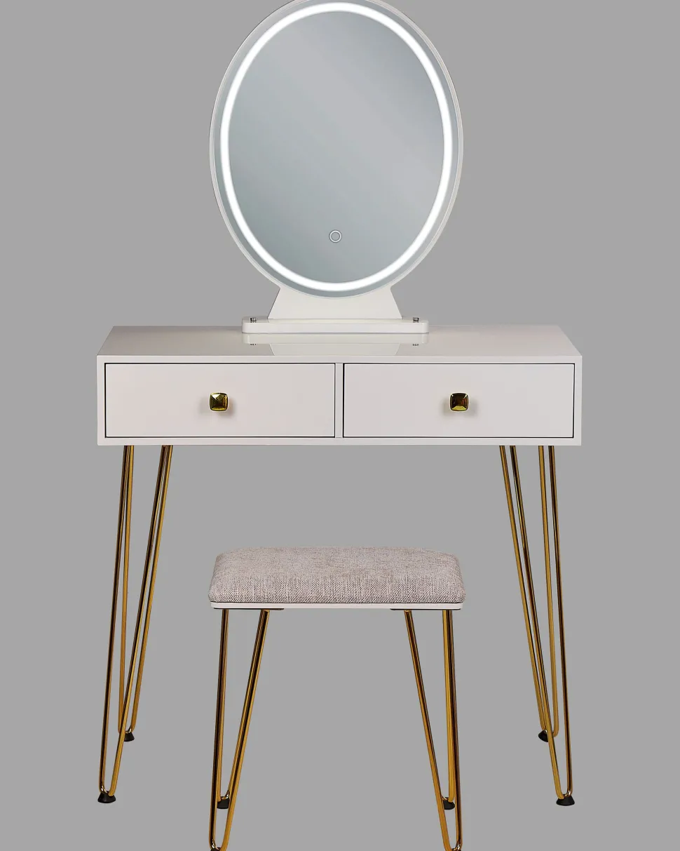 Toucador Com 2 Gavetas E Banco Branco E Dourado Caen