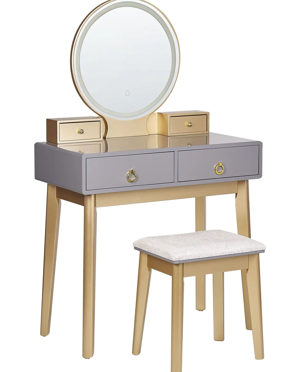 Toucador Com 4 Gavetas E Banco Cinzento E Dourado Fedry