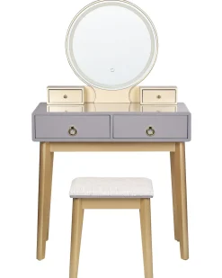 Toucador Com 4 Gavetas E Banco Cinzento E Dourado Fedry